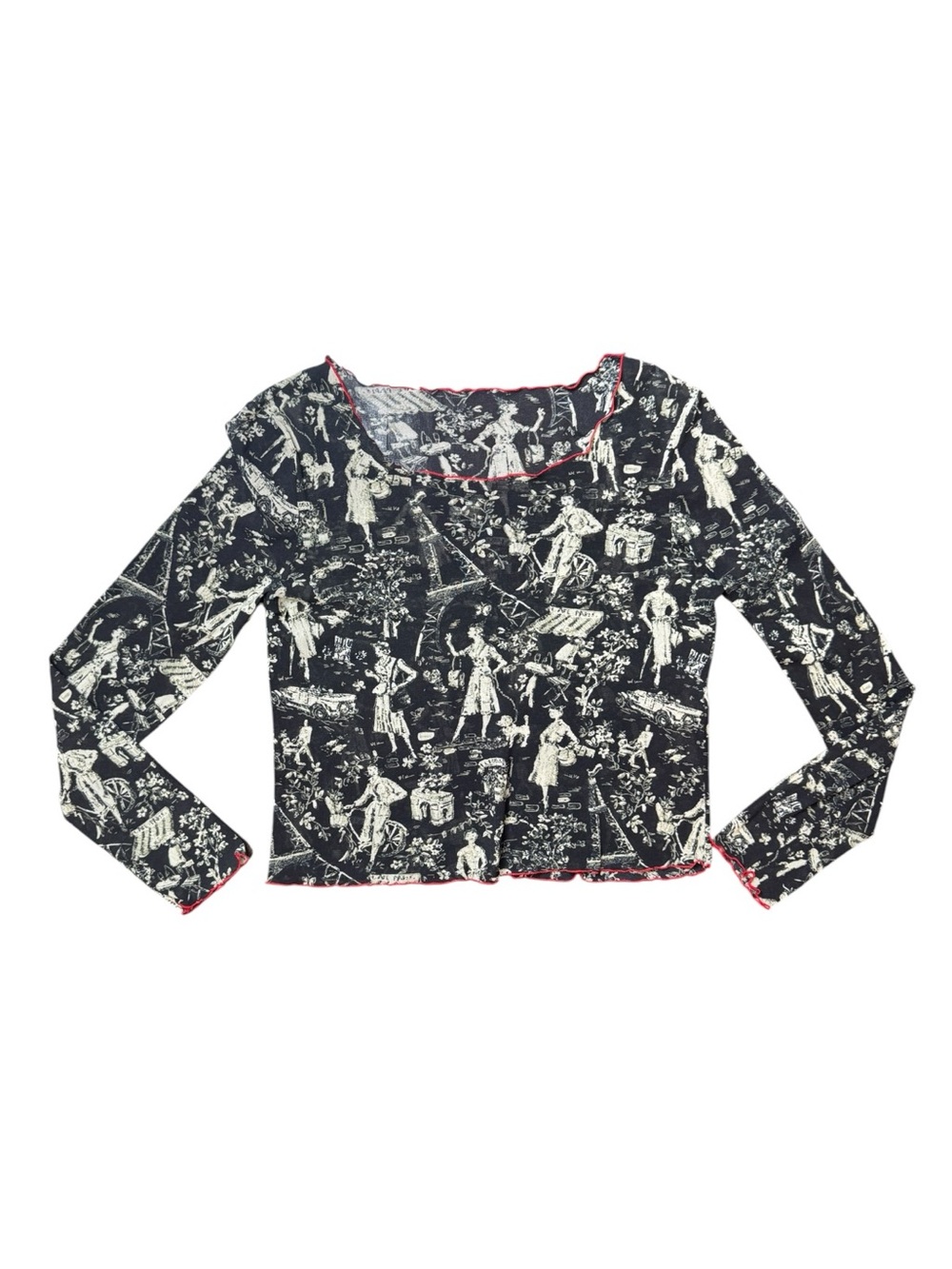 Y2K Black & White Mesh Sheer Graphic Euro Long Sleeve Top with Red Trim Size XL